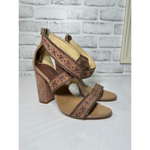 Zara Leather Pink Mauve Beach Boho Block Heel Ankle Strap Laser Cut Size 7 EU 37 - Picture 1 of 8